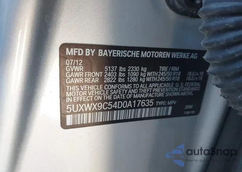 2013 BMW X3 xDrive28I из США, поврежденный, VIN 5UXWX9C54D0A17635